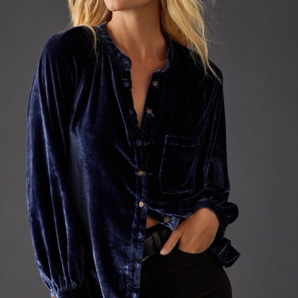 Maeve Navy Velvet Button Front Tunic Shirt Size 14